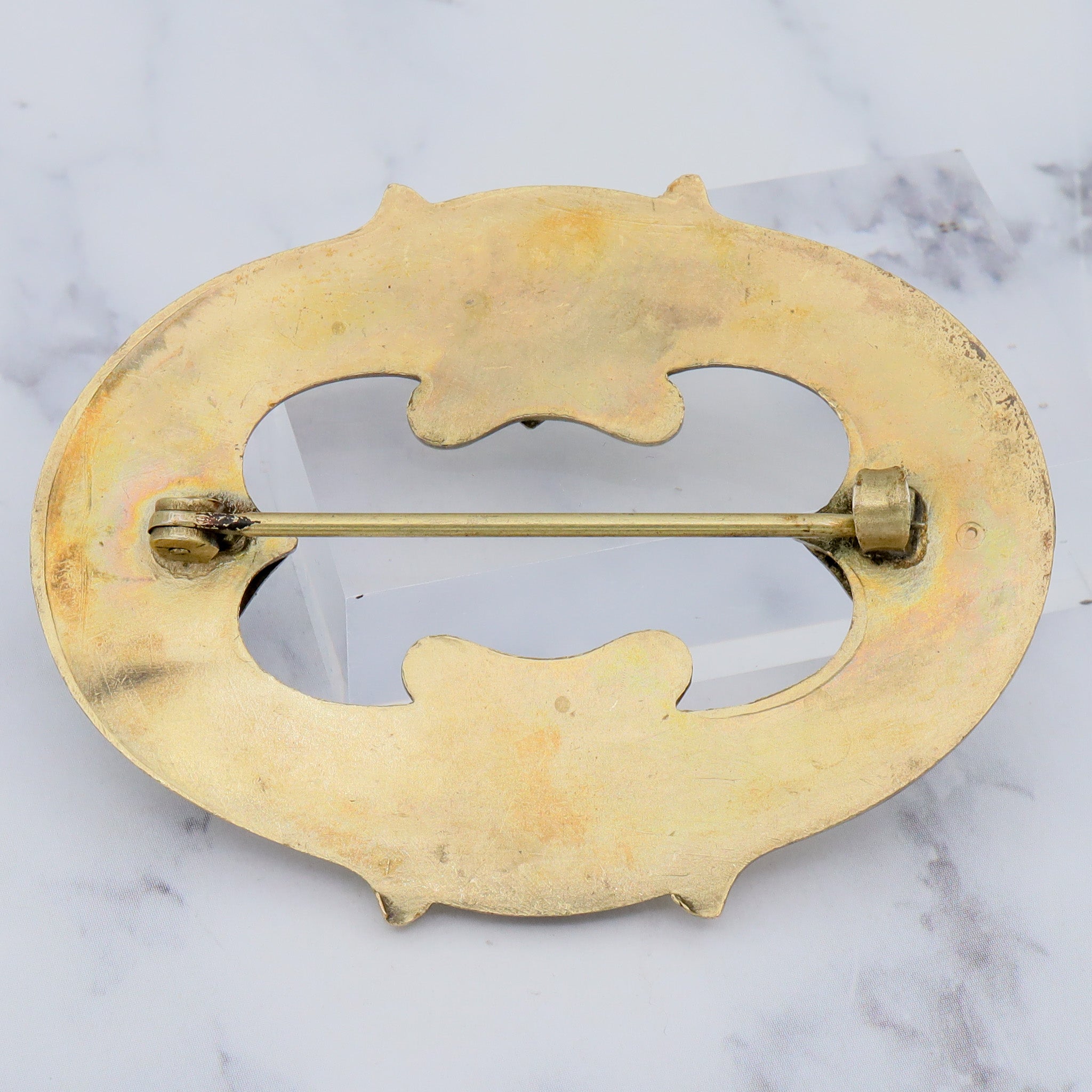 Large Antique Art Nouveau brass & green gem buckle brooch